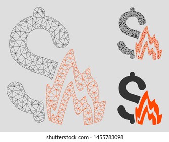 Mesh fire disaster model with triangle mosaic icon. Wire frame triangular mesh of fire disaster. Vector mosaic of triangle elements in different sizes, and color hues. Abstract 2d mesh fire disaster,