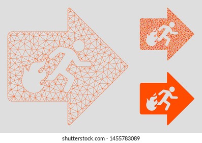 Mesh fire exit model with triangle mosaic icon. Wire carcass polygonal mesh of fire exit. Vector collage of triangle parts in variable sizes, and color tinges. Abstract 2d mesh fire exit,