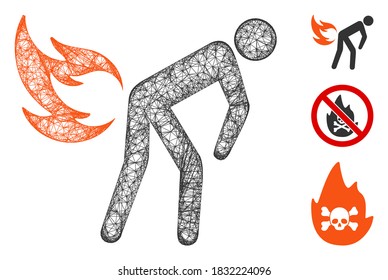 Mesh fire farting polygonal web 2d vector illustration. Abstraction is based on fire farting flat icon. Triangle mesh forms abstract fire farting flat carcass.