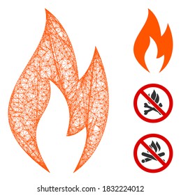 Mesh fire flame polygonal web 2d vector illustration. Carcass model is based on fire flame flat icon. Triangle mesh forms abstract fire flame flat carcass.