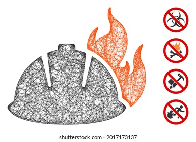 Mesh fire helmet web 2d vector illustration. Carcass model is created from fire helmet flat icon. Mesh forms abstract fire helmet flat carcass.