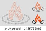 Mesh fire location model with triangle mosaic icon. Wire frame polygonal mesh of fire location. Vector composition of triangle elements in variable sizes, and color hues.