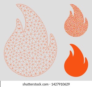 Mesh Fire Model With Triangle Mosaic Icon. Wire Carcass Polygonal Mesh Of Fire. Vector Mosaic Of Triangle Elements In Different Sizes, And Color Shades. Abstract 2d Mesh Fire,