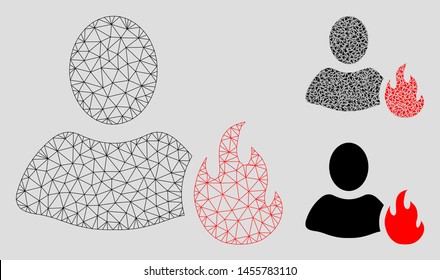 Mesh fire model with triangle mosaic icon. Wire frame polygonal mesh of fire. Vector mosaic of triangle parts in different sizes, and color hues. Abstract 2d mesh fire, built from polygonal grid.