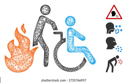 Mesh fire patient evacuation web 2d vector illustration. Carcass model is based on fire patient evacuation flat icon. Network forms abstract fire patient evacuation flat carcass.