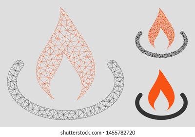 Mesh fire place model with triangle mosaic icon. Wire carcass polygonal network of fire place. Vector mosaic of triangle elements in variable sizes, and color tints. Abstract flat mesh fire place,