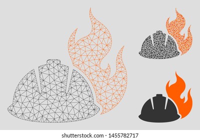 Mesh fire protection helmet model with triangle mosaic icon. Wire frame triangular mesh of fire protection helmet. Vector mosaic of triangle parts in different sizes, and color tinges.