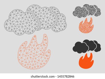 Mesh fire with smoke model with triangle mosaic icon. Wire carcass polygonal mesh of fire with smoke. Vector mosaic of triangle elements in various sizes, and color tinges.