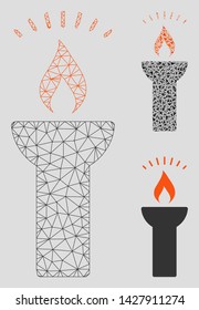 Mesh fire torch light model with triangle mosaic icon. Wire carcass triangular mesh of fire torch light. Vector mosaic of triangles in variable sizes, and color shades.