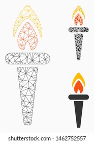 Mesh fire torch model with triangle mosaic icon. Wire frame polygonal mesh of fire torch. Vector mosaic of triangles in various sizes, and color tones. Abstract flat mesh fire torch,