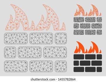 Mesh fire wall model with triangle mosaic icon. Wire carcass triangular mesh of fire wall. Vector composition of triangle elements in variable sizes, and color shades. Abstract 2d mesh fire wall,