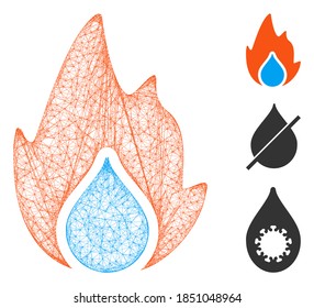 Mesh fire and water drop polygonal web 2d vector illustration. Carcass model is based on fire and water drop flat icon. Triangular network forms abstract fire and water drop flat carcass.