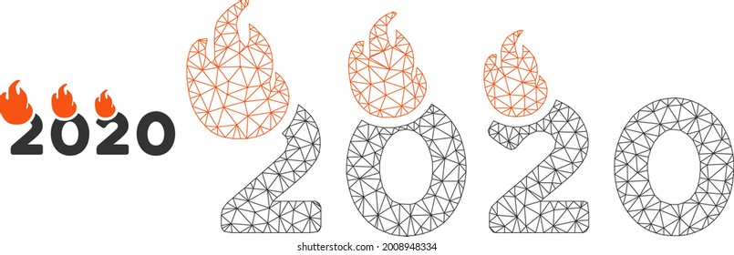 Mesh disparó icono del modelo de 2020 años. Malla triangular del marco de alambre del vector disparado 2020 año aislado en un fondo blanco. Resumen de malla 2d diseñada con líneas triangulares y puntos esféricos.