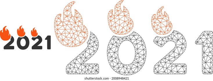 Mesh fired 2021 year model icon. Wire frame polygonal mesh of vector fired 2021 year isolated on a white background. Abstract 2d mesh built from triangular lines and dots.