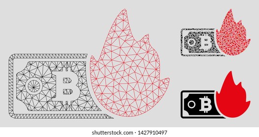 Mesh fired bitcoin banknote model with triangle mosaic icon. Wire frame triangular mesh of fired bitcoin banknote. Vector mosaic of triangle elements in variable sizes, and color tones.