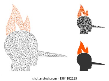 Mesh fired liar model with triangle mosaic icon. Wire frame polygonal mesh of fired liar. Vector collage of triangle parts in various sizes, and color shades. Abstract flat mesh fired liar, svg
