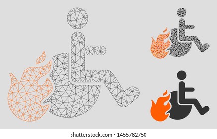 Mesh fired patient model with triangle mosaic icon. Wire carcass triangular mesh of fired patient. Vector mosaic of triangle parts in variable sizes, and color shades.