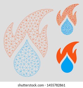 Mesh fired water drop model with triangle mosaic icon. Wire carcass triangular mesh of fired water drop. Vector mosaic of triangles in various sizes, and color tones.