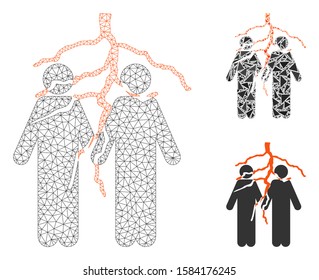 Mesh firend conflict model with triangle mosaic icon. Wire carcass triangular mesh of firend conflict. Vector mosaic of triangle elements in variable sizes, and color tinges.