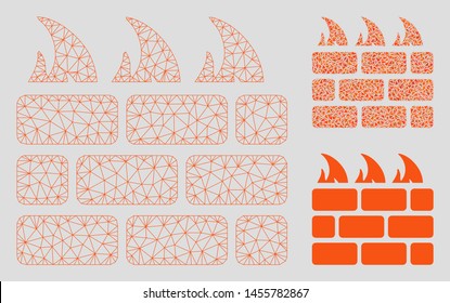Mesh firewall model with triangle mosaic icon. Wire carcass polygonal mesh of firewall. Vector composition of triangle elements in different sizes, and color shades. Abstract 2d mesh firewall,