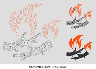 Mesh firewood fire model with triangle mosaic icon. Wire carcass polygonal mesh of firewood fire. Vector mosaic of triangles in various sizes, and color tinges. Abstract flat mesh firewood fire,