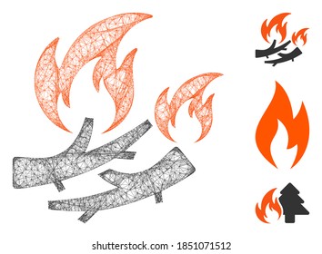 Mesh firewood fire polygonal web icon vector illustration. Carcass model is created from firewood fire flat icon. Triangular mesh forms abstract firewood fire flat carcass.