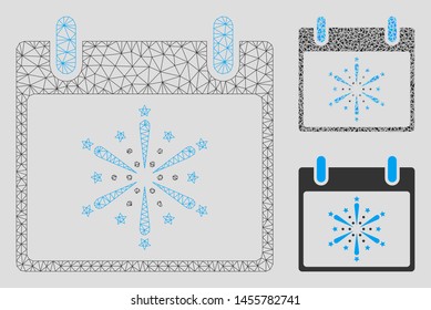 Mesh fireworks boom calendar day model with triangle mosaic icon. Wire carcass polygonal mesh of fireworks boom calendar day. Vector composition of triangle elements in different sizes,