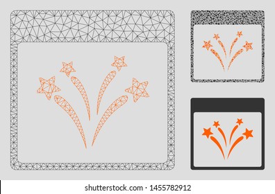 Mesh fireworks calendar page model with triangle mosaic icon. Wire frame polygonal mesh of fireworks calendar page. Vector mosaic of triangle elements in various sizes, and color tones.