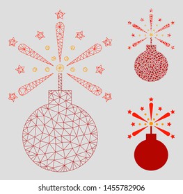 Mesh fireworks detonator model with triangle mosaic icon. Wire carcass triangular network of fireworks detonator. Vector mosaic of triangle elements in various sizes, and color shades.