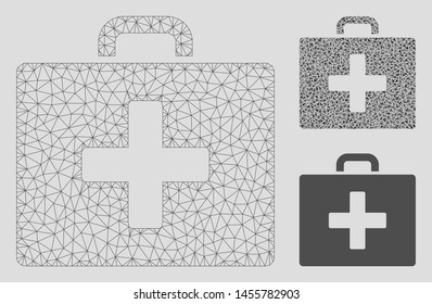 Mesh first aid bag model with triangle mosaic icon. Wire frame polygonal mesh of first aid bag. Vector collage of triangle parts in different sizes, and color hues. Abstract flat mesh first aid bag,