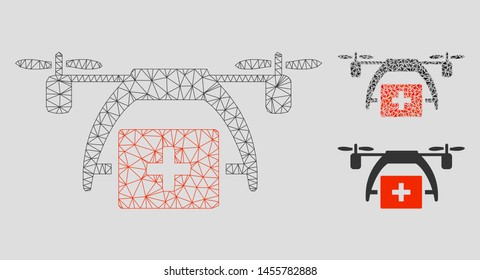 Mesh first aid drone model with triangle mosaic icon. Wire frame triangular mesh of first aid drone. Vector collage of triangle elements in various sizes, and color tints.