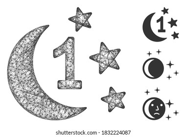 Mesh first moon night polygonal web icon vector illustration. Model is based on first moon night flat icon. Triangle mesh forms abstract first moon night flat model.