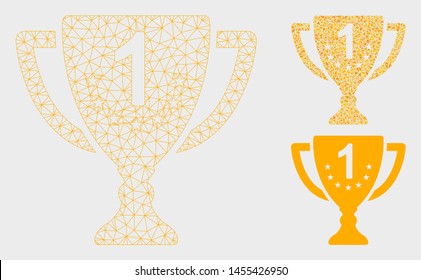 Mesh first place goblet model with triangle mosaic icon. Wire carcass triangular mesh of first place goblet. Vector composition of triangle parts in different sizes, and color tinges.