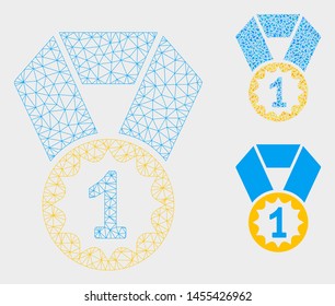 Mesh first place medal model with triangle mosaic icon. Wire frame triangular mesh of first place medal. Vector mosaic of triangle parts in variable sizes, and color tints.