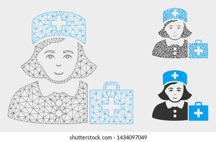 Mesh first-aid nurse model with triangle mosaic icon. Wire frame polygonal network of first-aid nurse. Vector composition of triangle parts in variable sizes, and color tones.