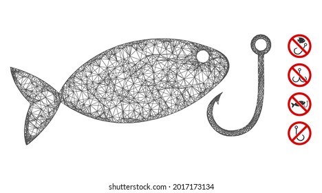 Mesh fish hook web symbol vector illustration. Carcass model is based on fish hook flat icon. Mesh forms abstract fish hook flat carcass. Wire frame flat web network isolated on a white background.