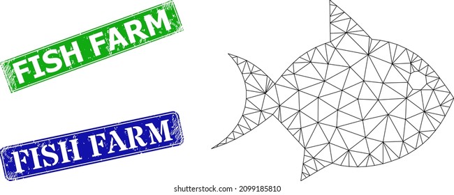 Mesh fish image, and Fish Farm blue and green rectangular scratched stamps. Mesh carcass image based on fish pictogram. Seals contain Fish Farm text inside rectangle frame.