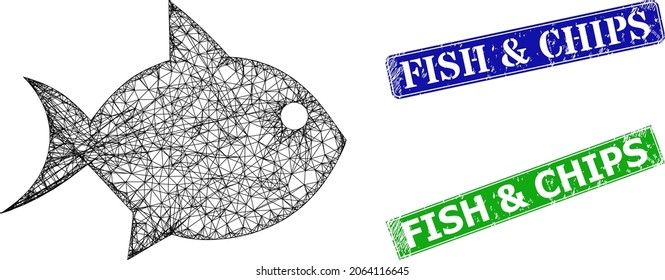 Mesh fish model, and Fish and Chips blue and green rectangular grunge stamp seals. Mesh wireframe illustration based on fish icon. Stamp seals contain Fish and Chips text inside rectangle shape.