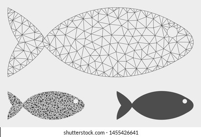 Mesh fish model with triangle mosaic icon. Wire frame polygonal mesh of fish. Vector mosaic of triangle parts in variable sizes, and color tinges. Abstract 2d mesh fish, created from triangles.
