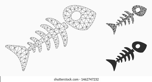 Mesh fish skeleton model with triangle mosaic icon. Wire carcass polygonal mesh of fish skeleton. Vector mosaic of triangle elements in variable sizes, and color tones.