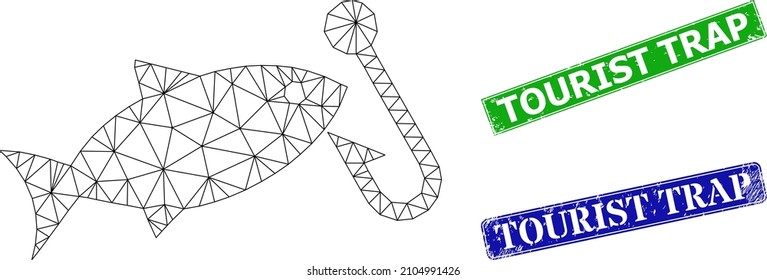 Mesh fishing hook image, and Tourist Trap blue and green rectangle rubber seals. Mesh carcass illustration is designed with fishing hook icon. Seals have Tourist Trap tag inside rectangle form.