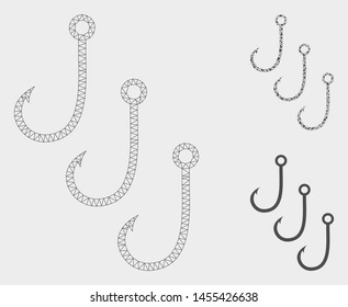 Mesh fishing hooks model with triangle mosaic icon. Wire carcass polygonal mesh of fishing hooks. Vector mosaic of triangle parts in various sizes, and color hues. Abstract flat mesh fishing hooks,