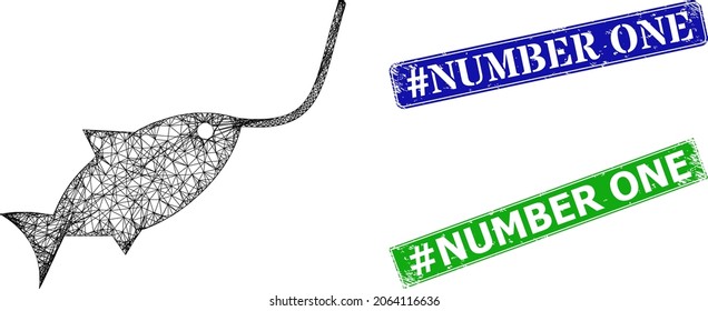 Mesh fishing rope model, and hashtag Number One blue and green rectangle corroded stamp seals. Mesh carcass image is created from fishing rope pictogram.