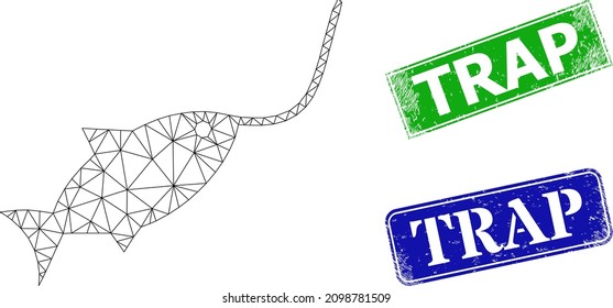Mesh fishing rope model, and Trap blue and green rectangular dirty stamp seals. Mesh carcass illustration is created from fishing rope icon. Seals include Trap tag inside rectangular form.