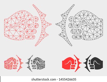 Mesh fist fight model with triangle mosaic icon. Wire carcass triangular mesh of fist fight. Vector mosaic of triangle parts in variable sizes, and color tinges. Abstract flat mesh fist fight,