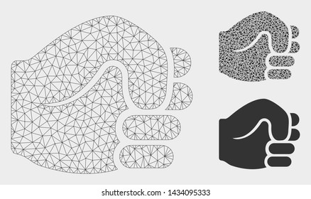 Mesh fist model with triangle mosaic icon. Wire frame triangular mesh of fist. Vector composition of triangle parts in different sizes, and color shades. Abstract 2d mesh fist,