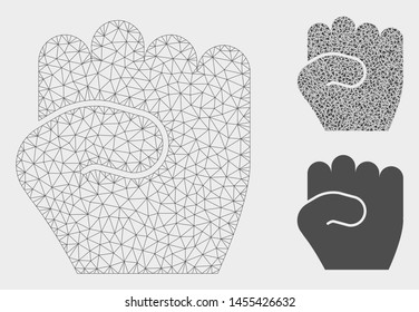 Mesh fist model with triangle mosaic icon. Wire frame triangular mesh of fist. Vector collage of triangle elements in variable sizes, and color tinges. Abstract 2d mesh fist,