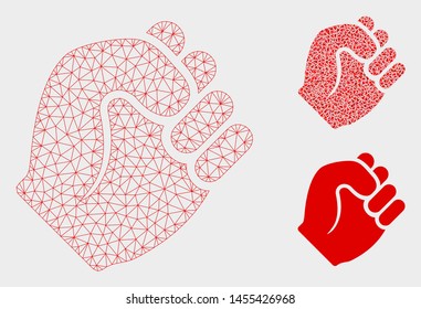 Mesh fist model with triangle mosaic icon. Wire frame triangular mesh of fist. Vector collage of triangles in different sizes, and color tones. Abstract flat mesh fist, designed with triangles.