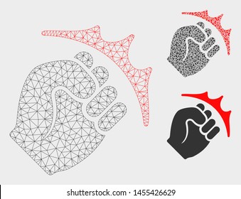 Mesh fist strike model with triangle mosaic icon. Wire frame triangular mesh of fist strike. Vector collage of triangle elements in different sizes, and color tones. Abstract flat mesh fist strike,