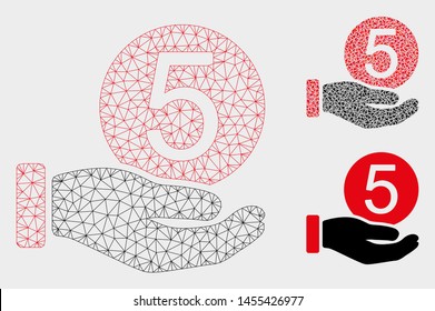 Mesh five cents payment model with triangle mosaic icon. Wire carcass triangular mesh of five cents payment. Vector mosaic of triangle elements in variable sizes, and color hues.